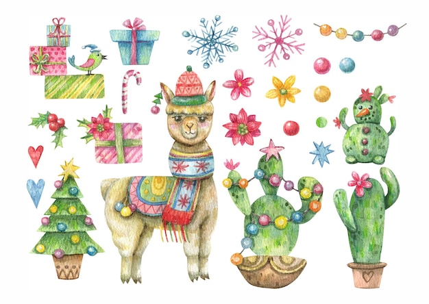 Acuarela en estilo de año nuevo de dibujos animados. Lindas alpacas, cajas de regalo, cactus vestidos, Navidad tre