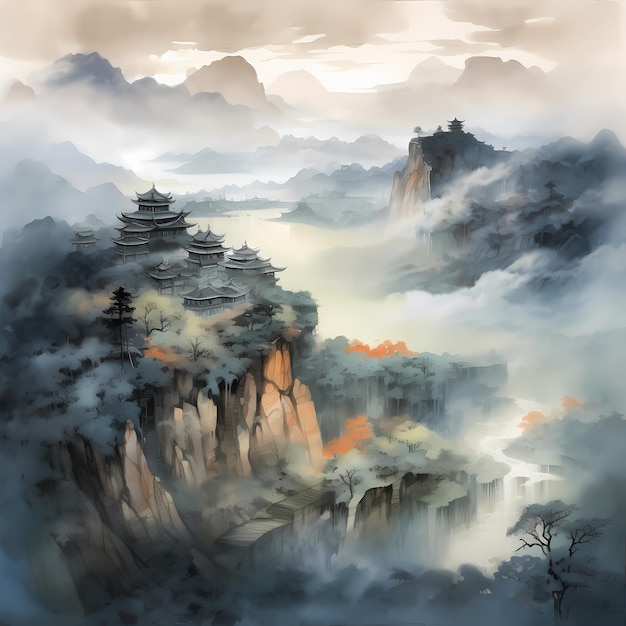 acuarela estilo chino fondo montaña ilustración AI generativo
