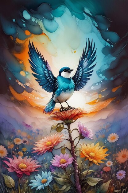 Acuarela estilo pájaro pintura al óleo papel tapiz ilustración fondo azaleas urracas en flores