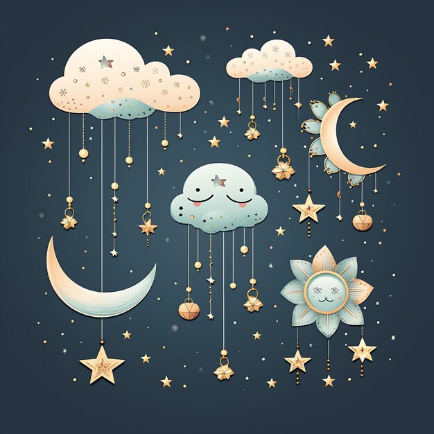 Acuarela Estrellas Ornamentos de la Luna Nubes Figuras de Ángeles Plata Celestial Clipart en camiseta blanca BG