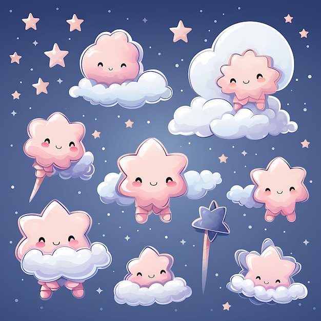 Acuarela Estrellas Ornamentos de la Luna Nubes Figuras de Ángeles Soñadoras Pastel Co Clipart en camiseta blanca BG