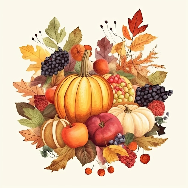 Acuarela Feliz Día de Acción de Gracias con hojas de otoño IA generativa