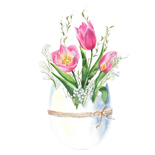 Acuarela Feliz huevo de Pascua con cordón de yute Tulipanes rosas gypsophila y ramas de sauce Ilustración botánica dibujada a mano para la tarjeta de fiesta greating diseño de postal fondos de impresión de tela