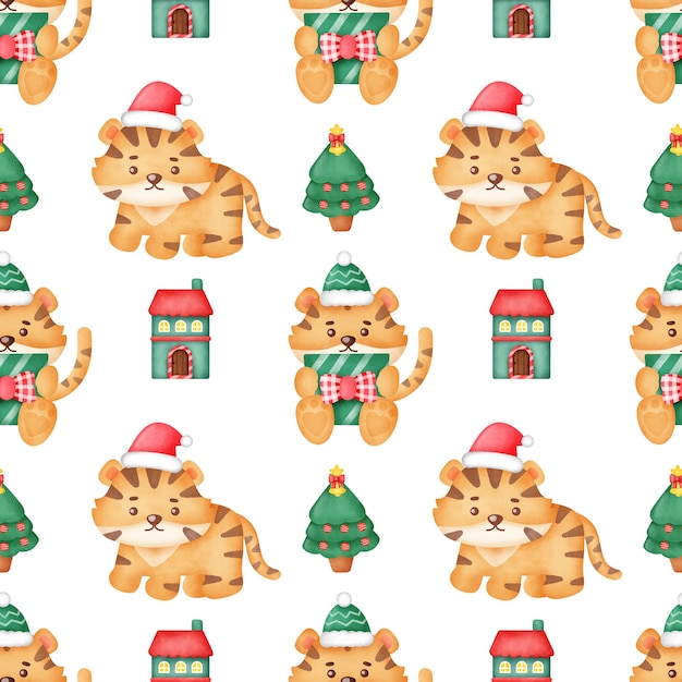 Acuarela feliz navidad con lindo tigre de patrones sin fisuras.