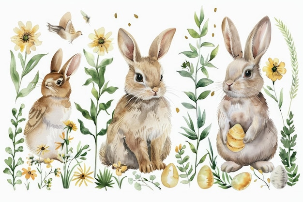 Foto acuarela feliz tarjeta de acuarela de pascua con un lindo conejo de pascua y una canasta con huevos en colores pastel aislados sobre fondo blanco