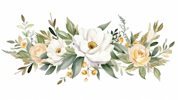 Acuarela floral ilustración conjunto ramos marco borde flores blancas rosa peonía oro hoja verde