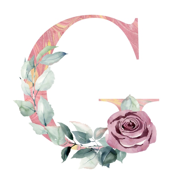 Acuarela floral letra G con rosa