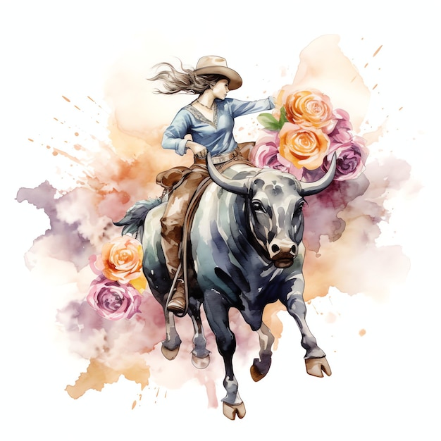 acuarela floral rodeo jinete de toro oeste salvaje oeste vaquero desierto ilustración clipart