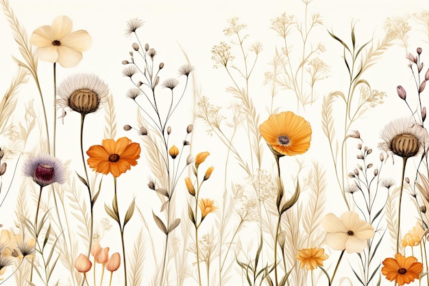 Acuarela de flores de prado ilustración y flores silvestres primavera botánico patrón floral sin costuras