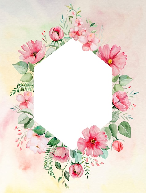 Acuarela flores rosadas y hojas verdes marco tarjeta romántica ilustración con fondo de acuarela. Para papelería de boda, saludos, fondos de pantalla, moda, carteles.