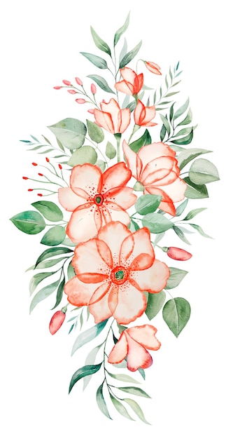 Acuarela flores rosadas y hojas verdes ramo ilustración aislada