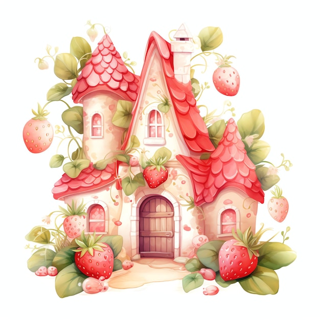 Acuarela Fresa linda cabaña mágica acuarela clipart ilustración