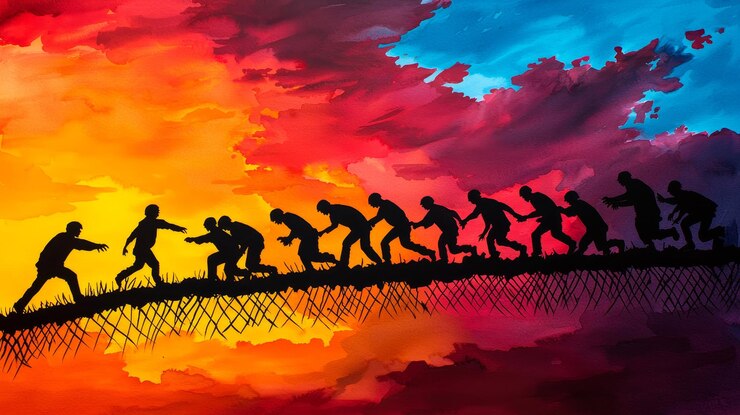 Foto acuarela de una fuga de prisión con un grupo de prisioneros escalando una valla los colores representan la urgencia y la tensión