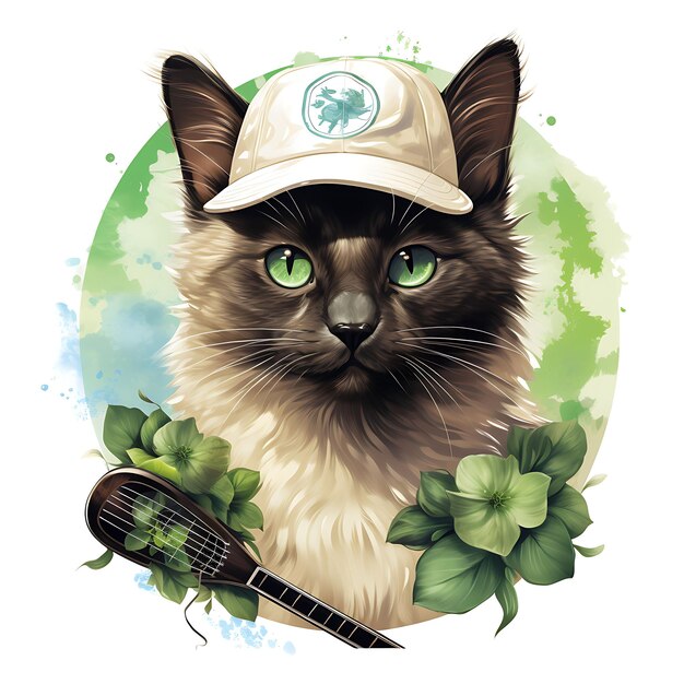 Foto acuarela de un gato balinés con un visor solar traje de tenis pulseras verdes patrick day clipart