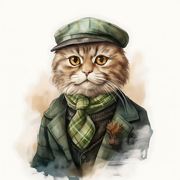 Acuarela de un gato doblado escocés con un traje de hueso de pescado de Tam O Shanter J Patrick Day Clipart