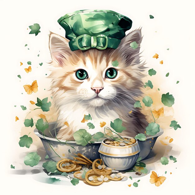 Foto acuarela de un gato de la furgoneta turca con un sombrero de caja de pastillas blusa de satén jade green b patrick day clipart