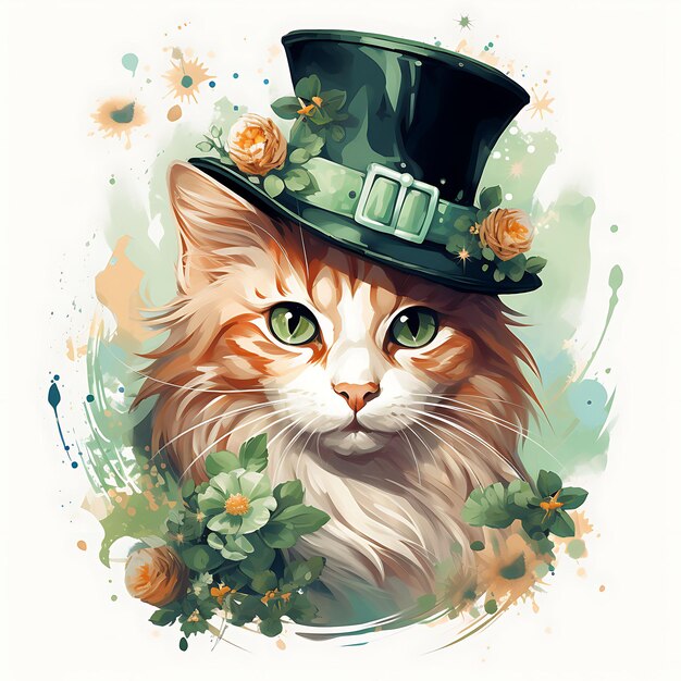 Foto acuarela de un gato de la furgoneta turca con un sombrero de caja de pastillas blusa de satén jade green b patrick day clipart