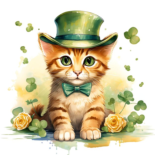 Acuarela del gato de Singapur con sombrero de barco traje de lino verde esmeralda clip del día de Patrick