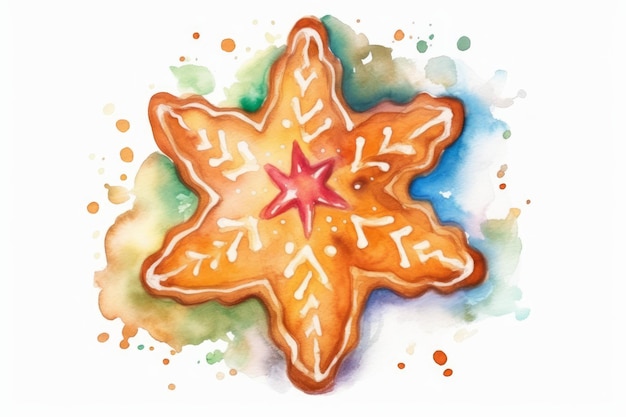 Acuarela Gingerbread Star Cookie estilo de dibujos animados único sobre fondo blanco generado por AI