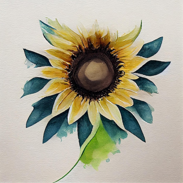 Acuarela Girasol Flor Amarillo Verde Ilustración