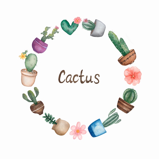 Acuarela guirnalda de cactus con flores y suculentas. Flores pintadas a mano en las macetas.