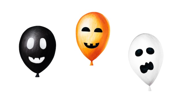 Acuarela de Halloween globos ilustración con caras aterradoras Pintura a mano de naranja blanco negro globo