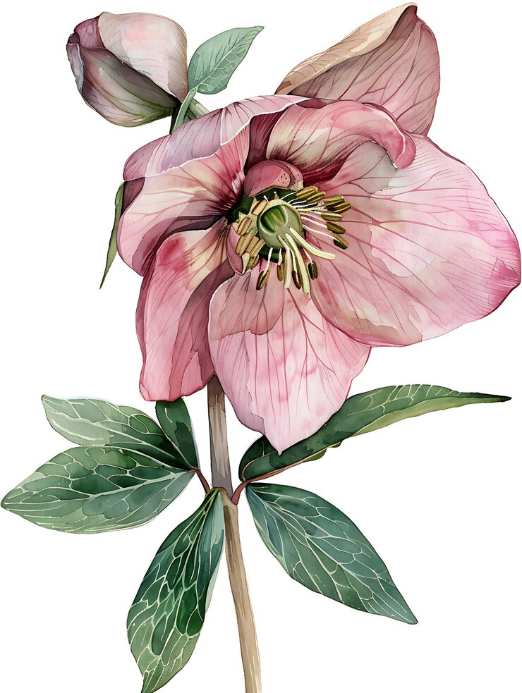 Acuarela Heleboro rosa aislado sobre un fondo blanco hermosa flor de Heleboro