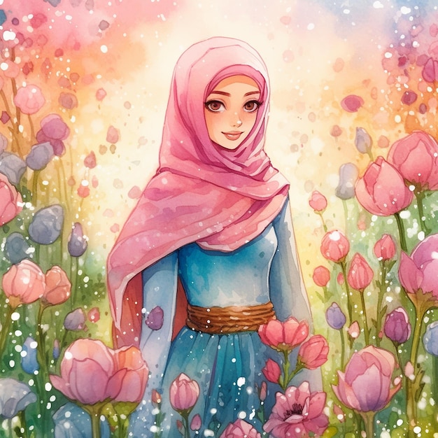 Acuarela Hijab musulmán Girl andd flores