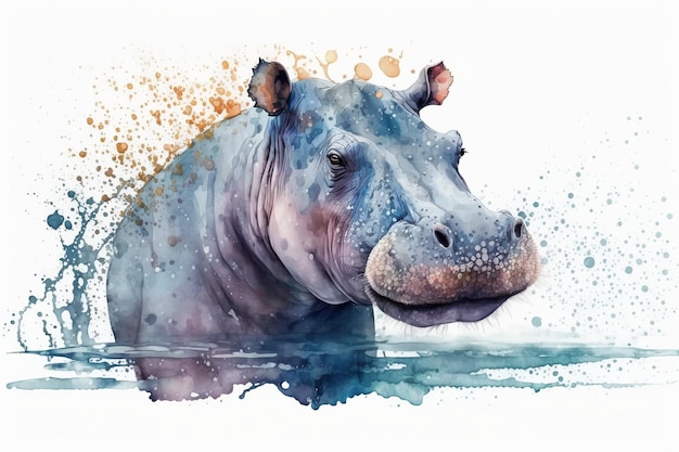 Acuarela hipopótamo ilustración fondo blancoIA generativa