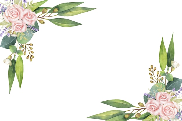 Acuarela de hojas de eucalipto y lavanda púrpura y rosas rosas flores borde de esquina