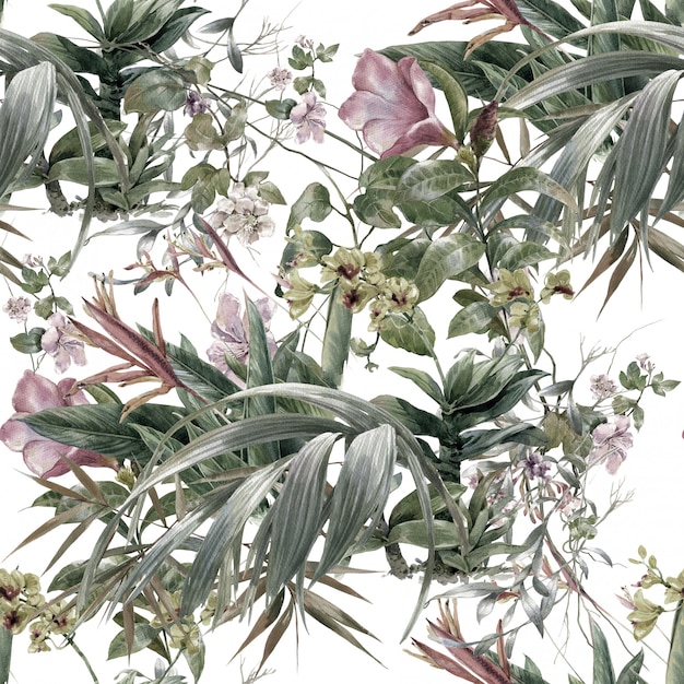 Acuarela de hojas y flores, patrón transparente sobre fondo blanco.
