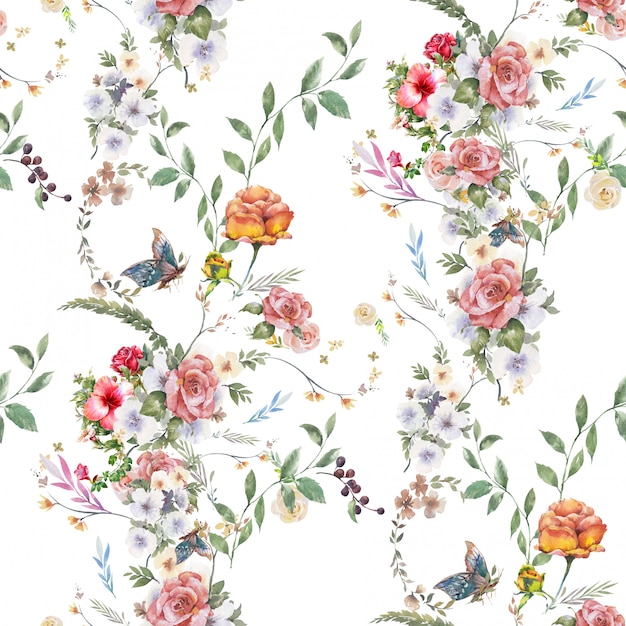 Acuarela de hojas y flores, patrón transparente sobre fondo blanco.