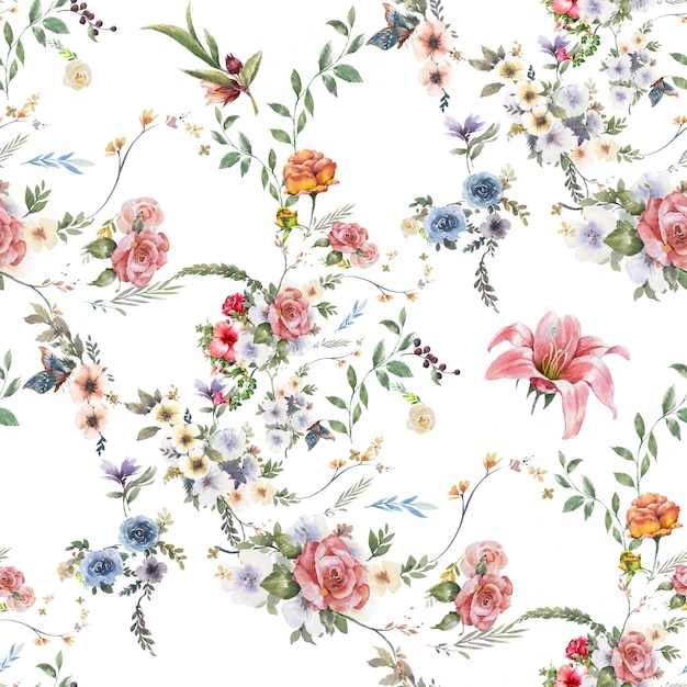 Acuarela de hojas y flores, patrón transparente sobre fondo blanco.