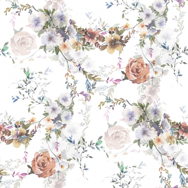 Acuarela de hojas y flores, patrón transparente sobre fondo blanco.