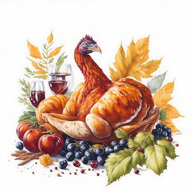 Acuarela Hola otoño cena de Acción de Gracias con pavo fruta de calabaza y vino sobre fondo blanco