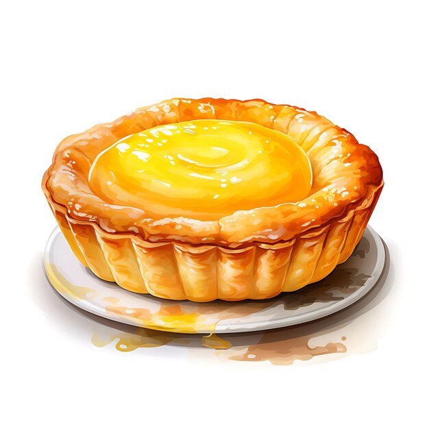 Acuarela de Hong Kong Tarta de huevo Pastelería china Concepto de color amarillo Desierto aislado de Clipart escamoso