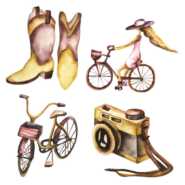 Acuarela hygge Ciudad acogedora Ciudad vintage Lindos objetos acogedores botas cámara casas bicicleta flores