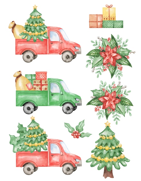 Acuarela imágenes prediseñadas de camiones de Navidad, Ilustración de dibujado a mano aislado, conjunto de coches de año nuevo aislado