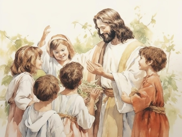 Foto acuarela jesucristo con niños