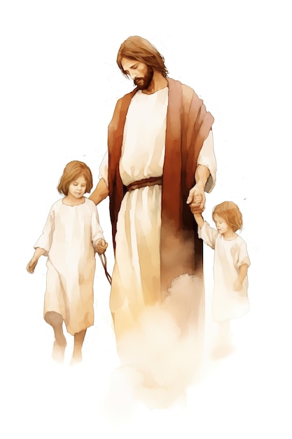 acuarela Jesucristo con niños