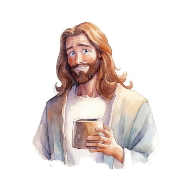 Una acuarela de jesús sosteniendo una taza de café.