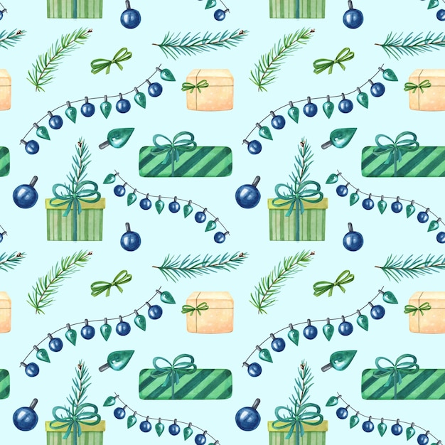 Acuarela juguetes de Navidad, guirnalda de lámparas, cajas de regalo, ramas de pino verde sobre fondo azul.