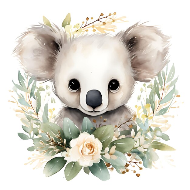 Acuarela Koala Animal salvaje rodeado de flores de goma Puerto sobre fondo blanco Arte digital