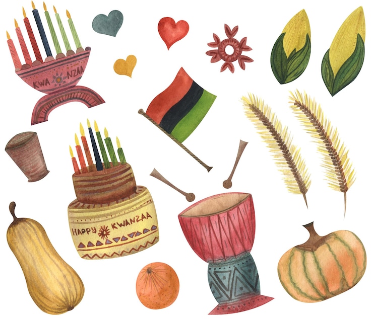 Foto acuarela kwanzaa conjunto de elementos con bandera pastel velas maíz calabazas