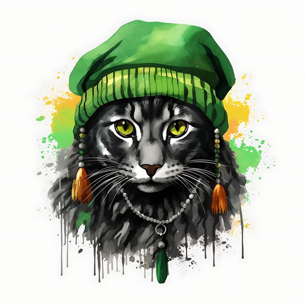 Foto acuarela de laperm gato en un sombrero rasta vestido reggae verde dreadlock cuentas patrick día clip