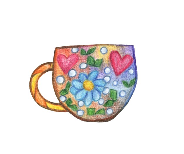 Acuarela y lápiz ilustración colorida de una taza Rainbow mug polka dot flor y patrón de corazón