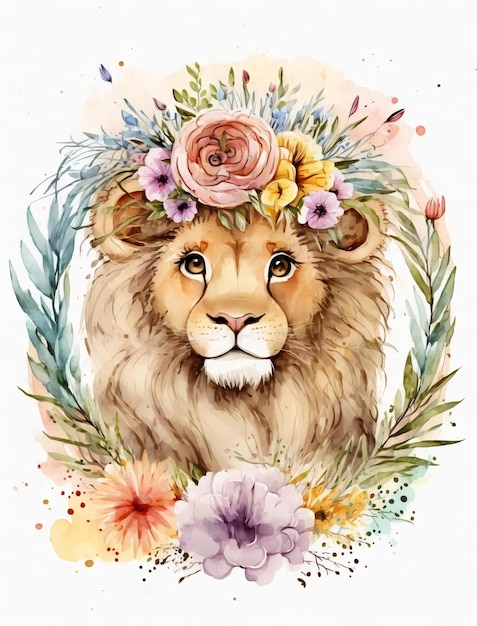 Acuarela de un león con una corona de flores.