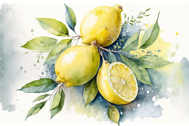 Acuarela de limones en estilo de acuarela pintada a mano.