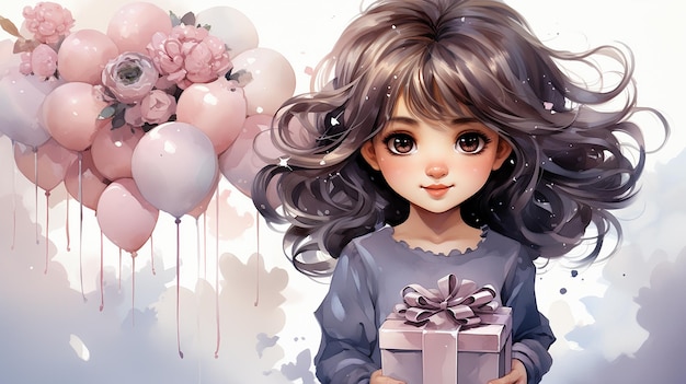 acuarela linda niña ilustración baby doll princesita flores envuelto regalo caja cumpleaños