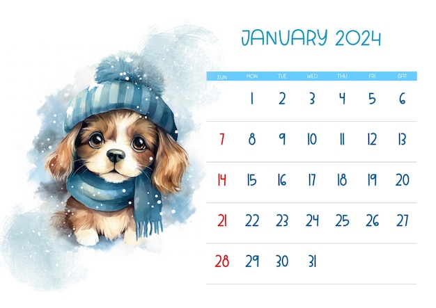 Acuarela lindo bebé cachorro Calendario infantil imprimible de pared 2024 Diseño de animales de acuarela